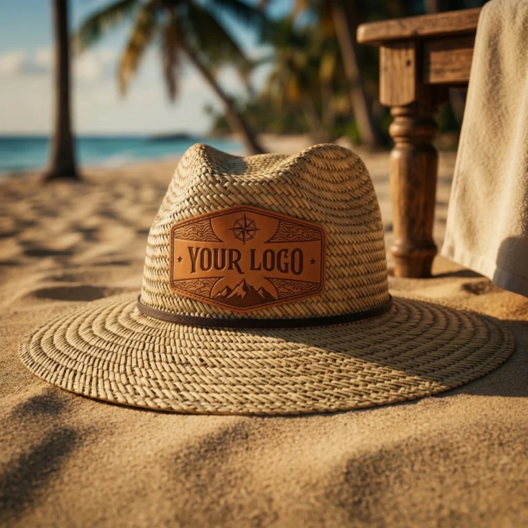 Personalized straw hat featuring engraved leather logo patch for seasonal promotional merchandise