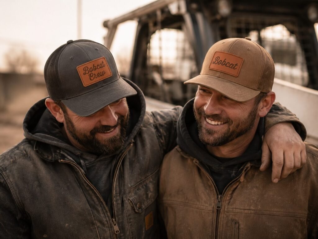 Bobcat crew members wearing custom leather patch hats in rugged worksite setting
