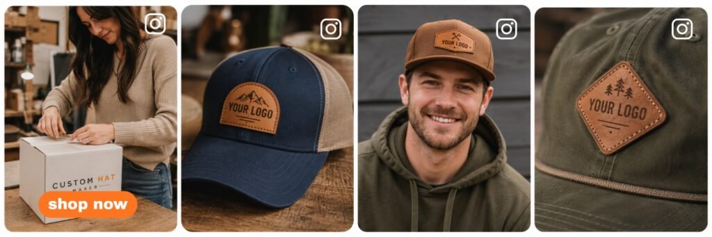 Custom leather patch hats showcased in real-life brand merchandise lifestyle photography