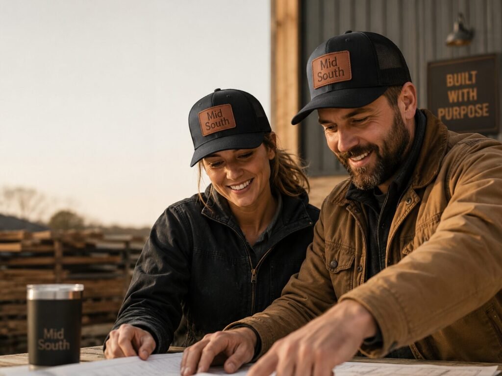 Mid South team wearing matching custom leather patch hats for professional brand identity