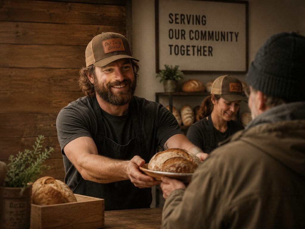 Our Daily Bread custom leather patch hat worn in community bakery scene with artisan bread
