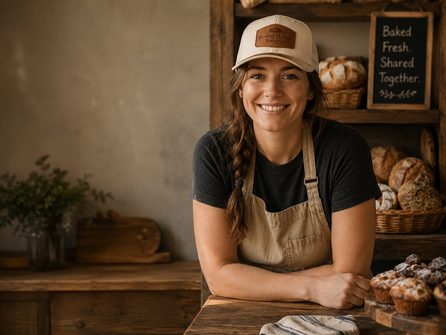 Round House Bakery staff wearing custom leather patch hat in warm bakery setting with fresh bread
