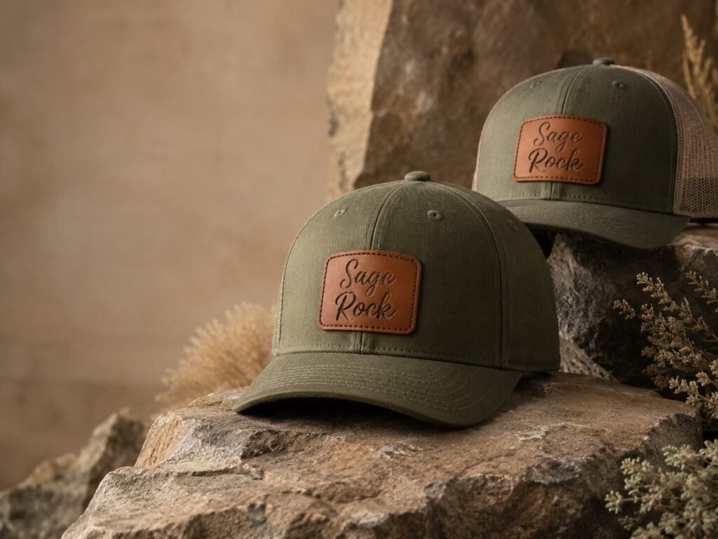Sage Rock premium custom leather patch hats styled on natural stone background