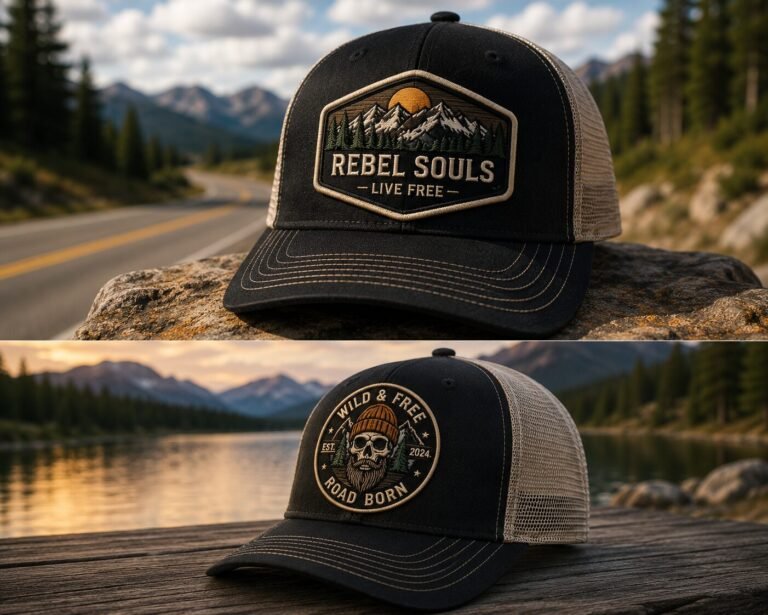 Black Wild & Free Road Born Custom Embroidered Patch Trucker Hat with skull design, personalized adventure cap